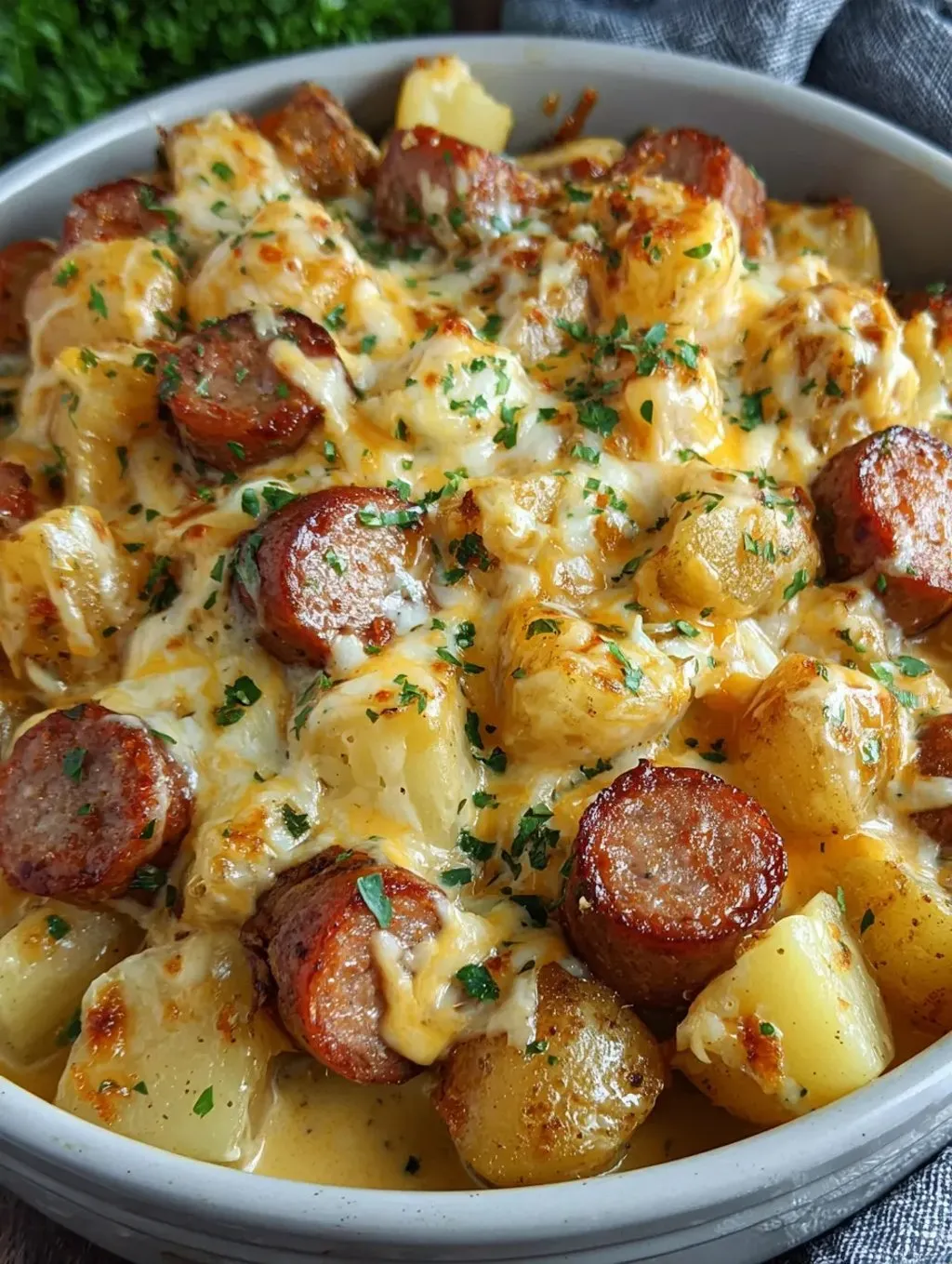 A bowl of food with sausage and potatoes.