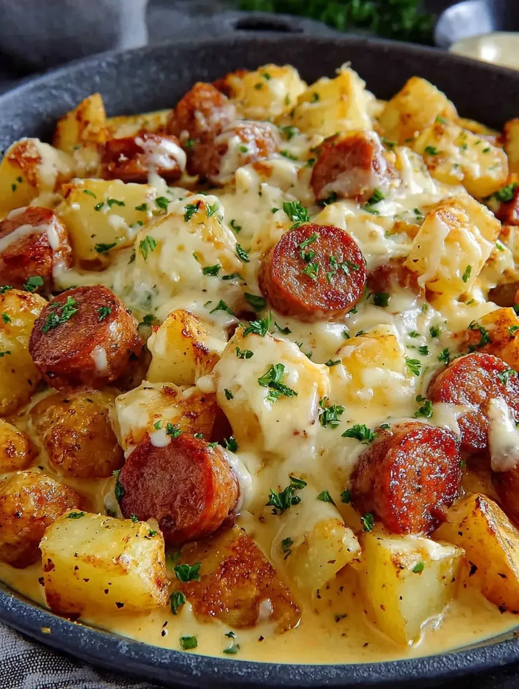 A plate of food with potatoes and sausage.