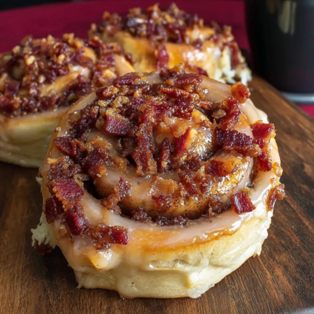 Two glazed donuts with bacon on top.
