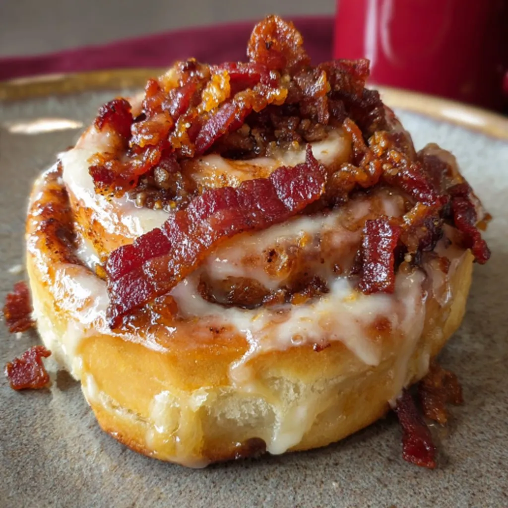 A donut covered in glaze and wrapped with crispy bacon.
