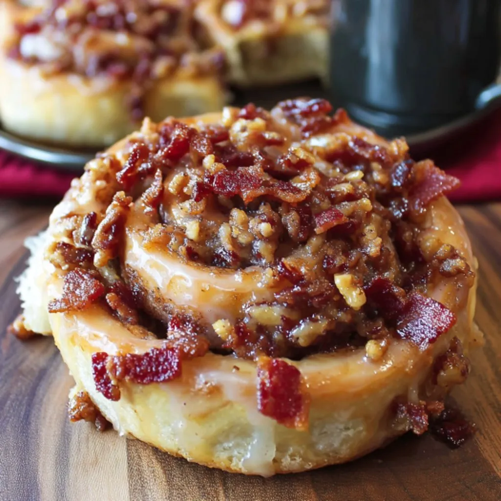 A doughnut glazed and topped with thick bacon pieces.