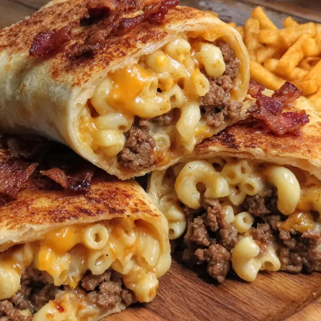 A wrap stuffed with creamy mac and cheese.