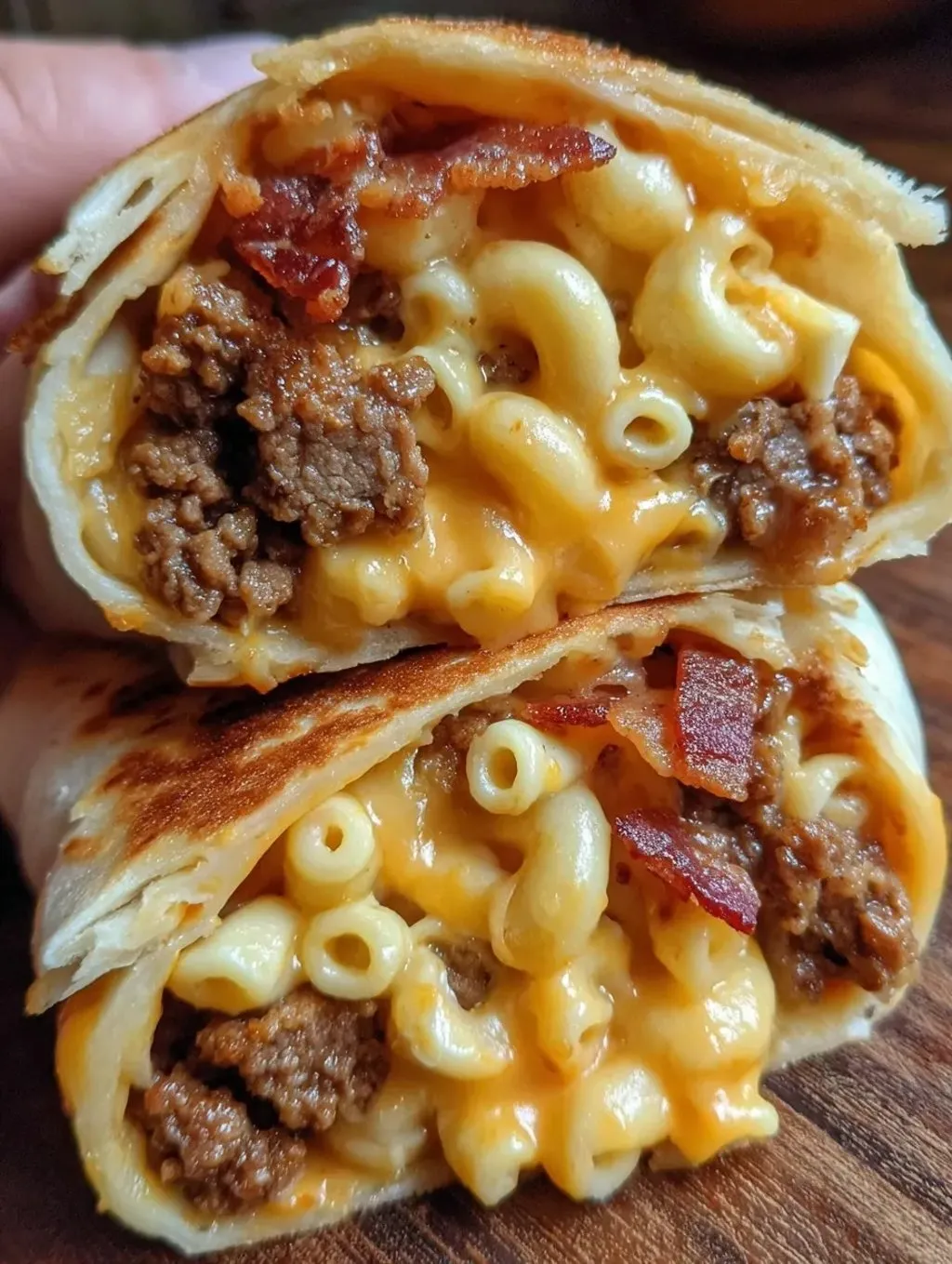 A burrito with macaroni and cheese.