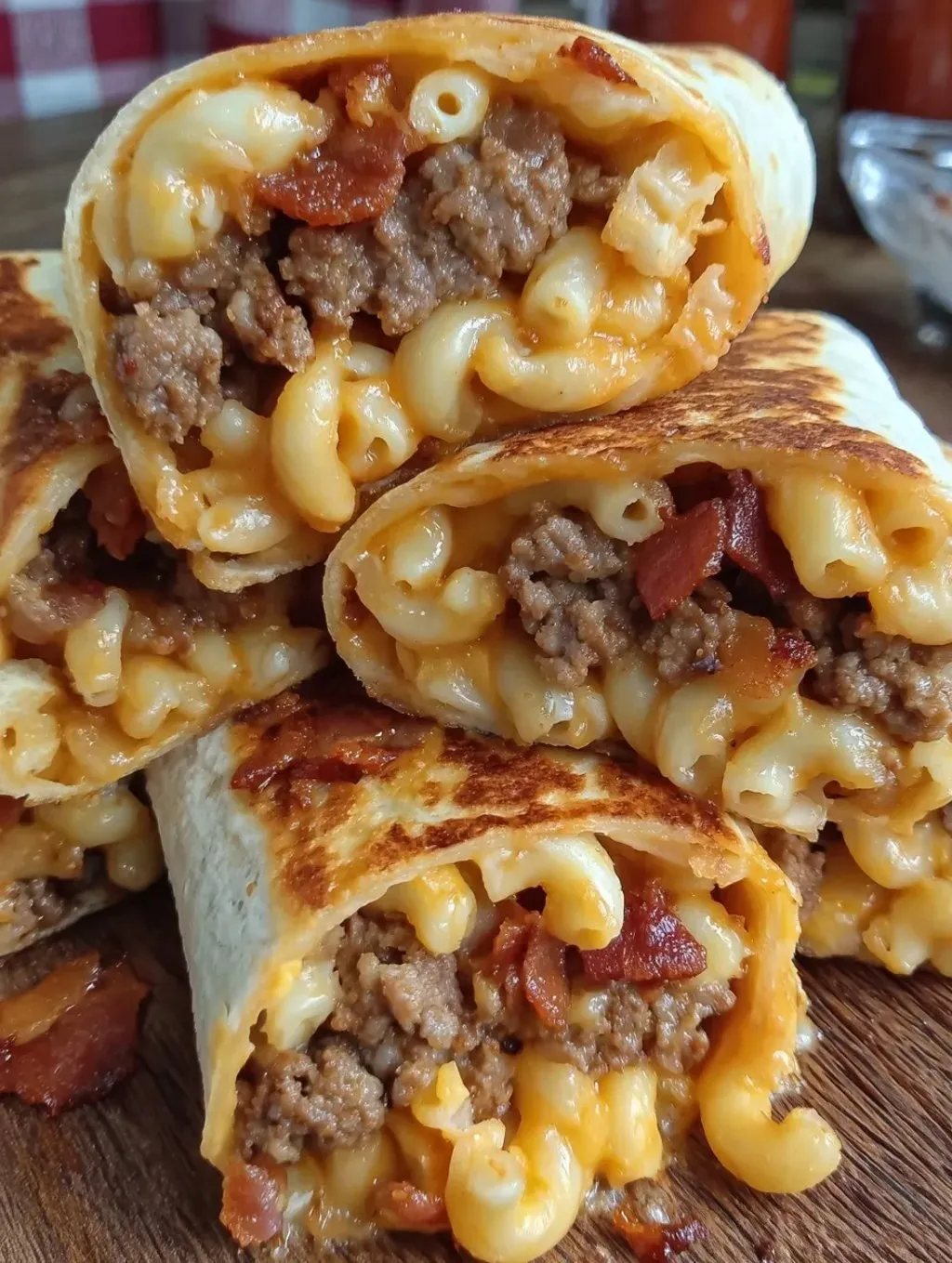 A stack of burritos with meat and macaroni.