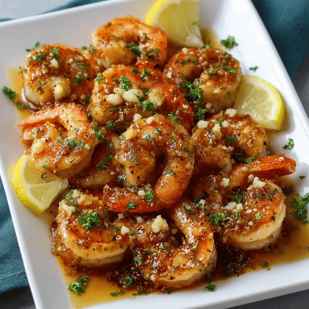 Shrimp on a plate with lemon slices.