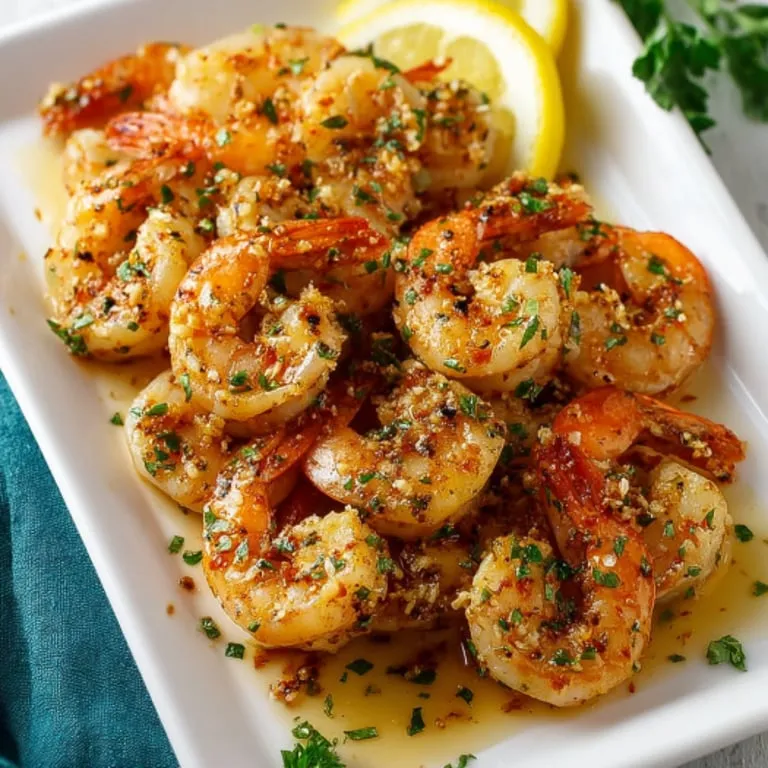 A plate of shrimp with a lemon wedge.