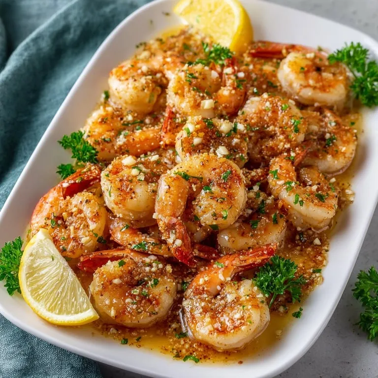 A white bowl filled with shrimp and lemon wedges.