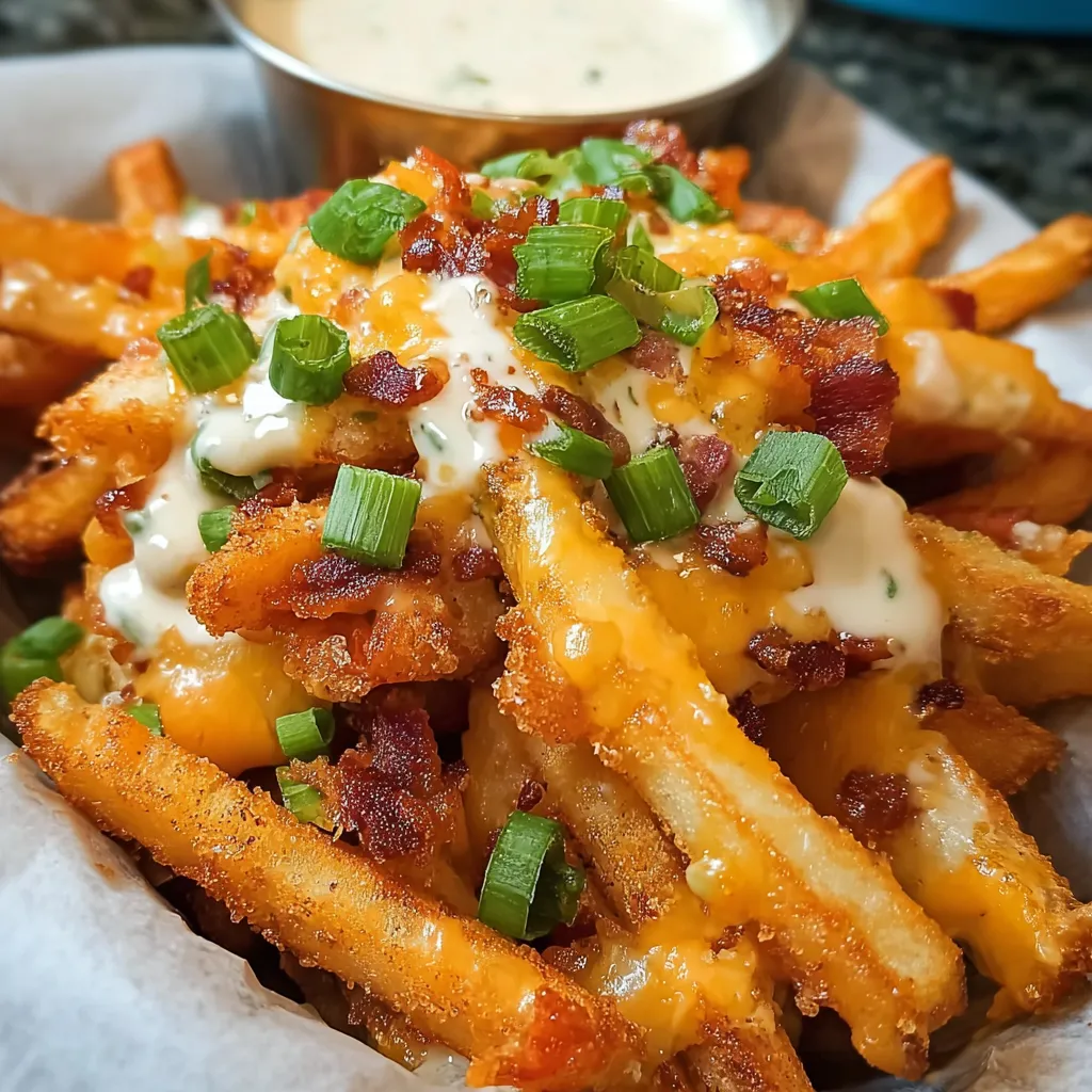 A pile of fries covered in cheddar and bacon.