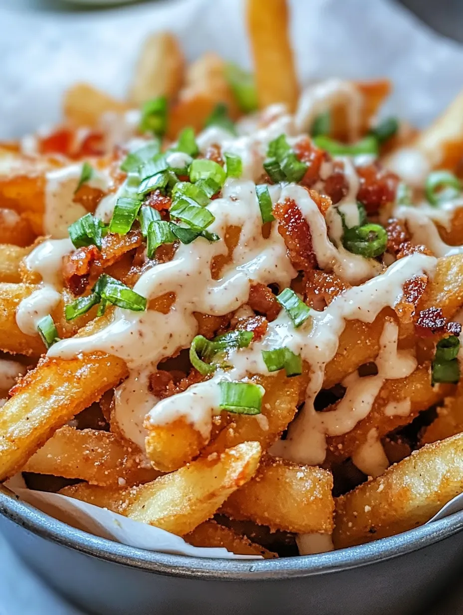 French fries topped with cheese and bacon, ready to eat.
