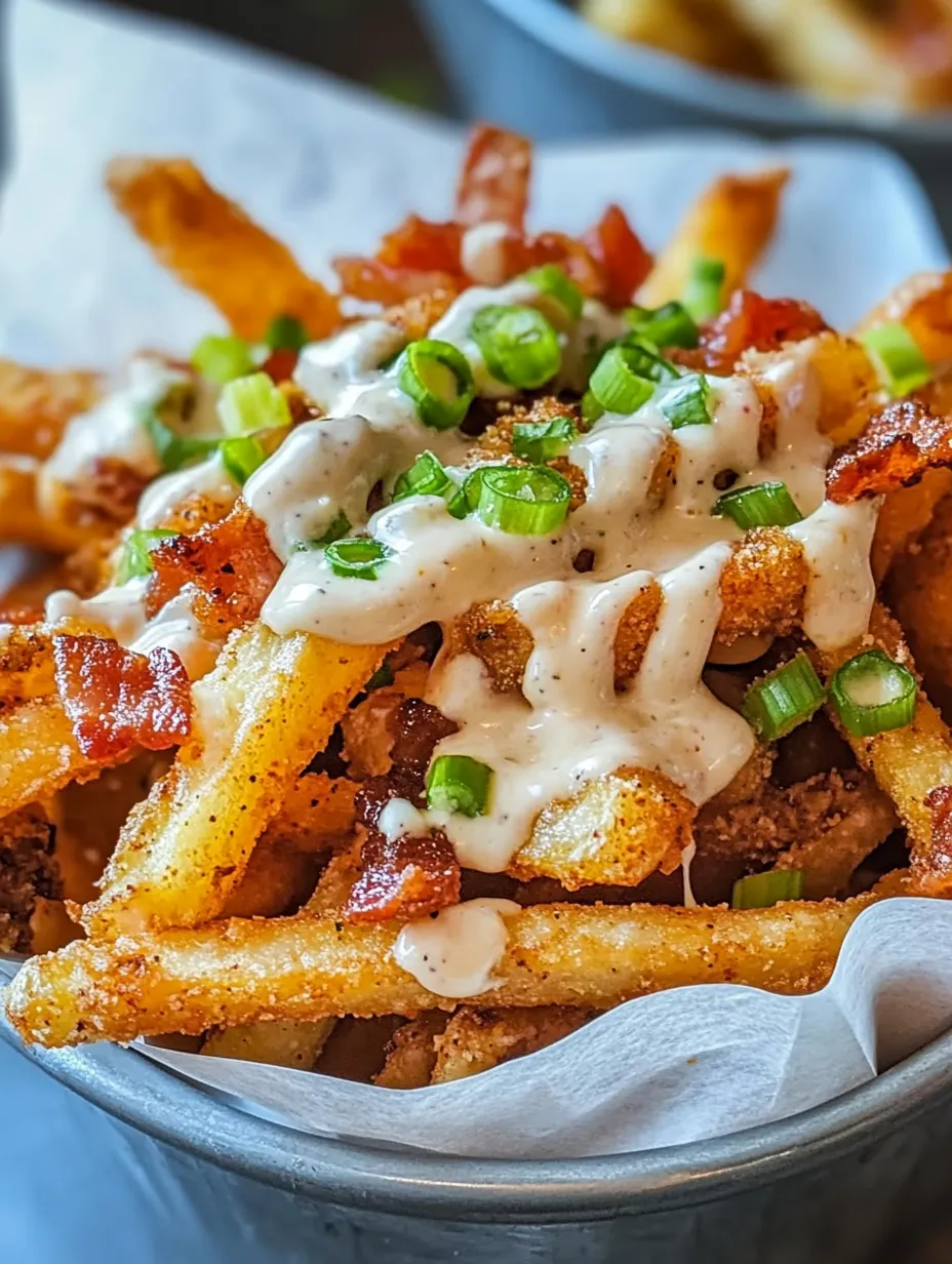 Fries loaded with cheese and bacon on a plate, ready to dig in.