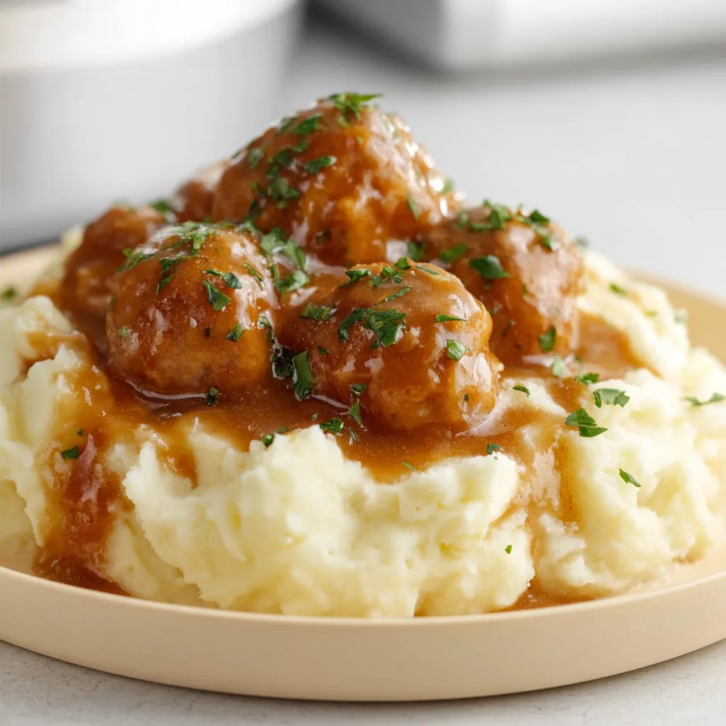 Plate holding meatballs in rich brown gravy.
