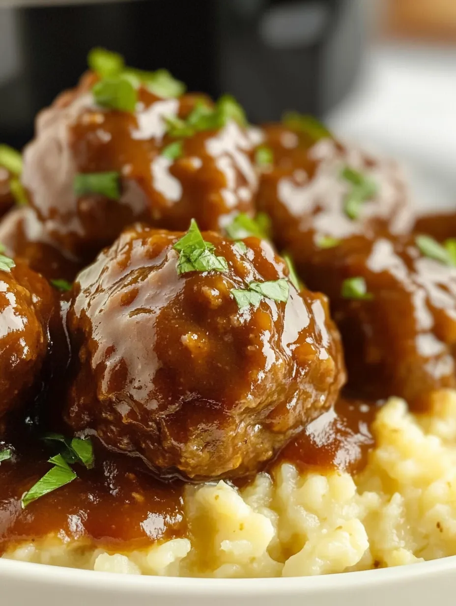 A plate of meatballs in a brown sauce.