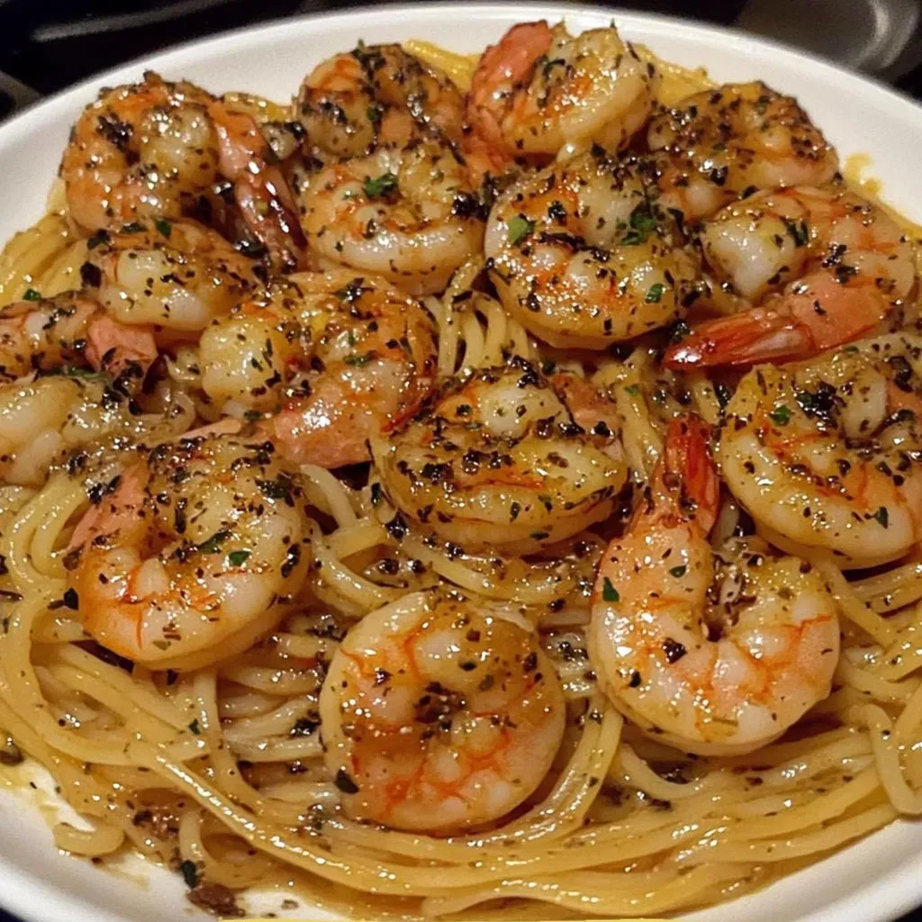 Shrimp and pasta mixed in a bowl.