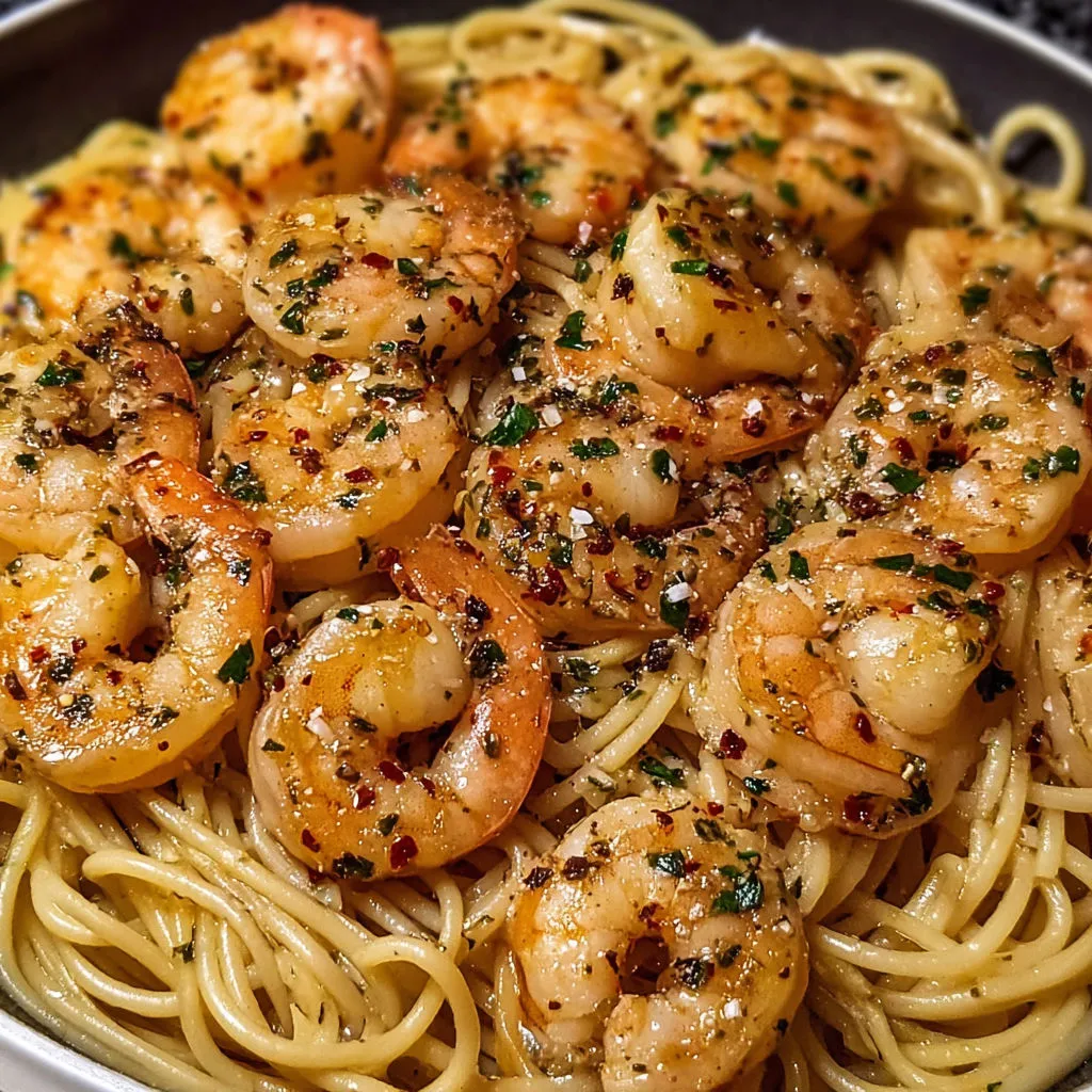 A plate of shrimp and pasta.