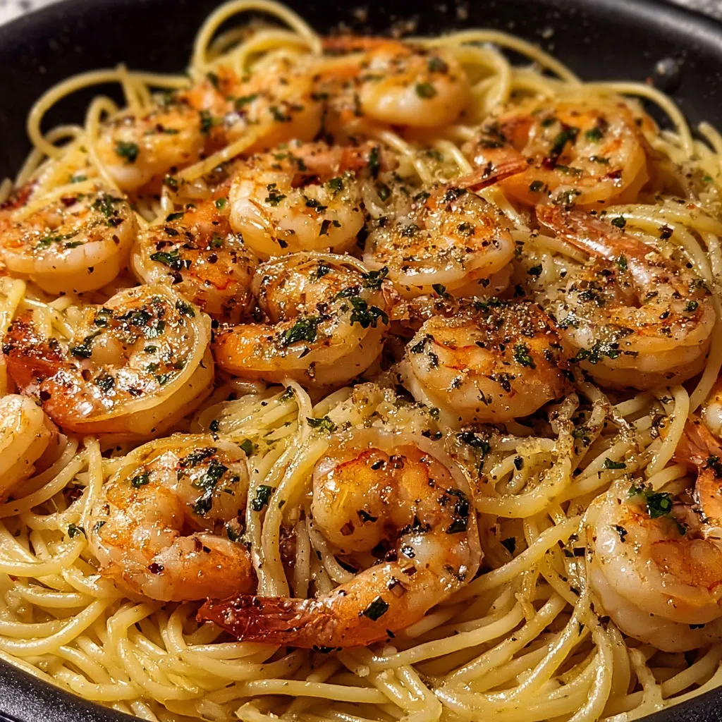 A bowl of shrimp and pasta.