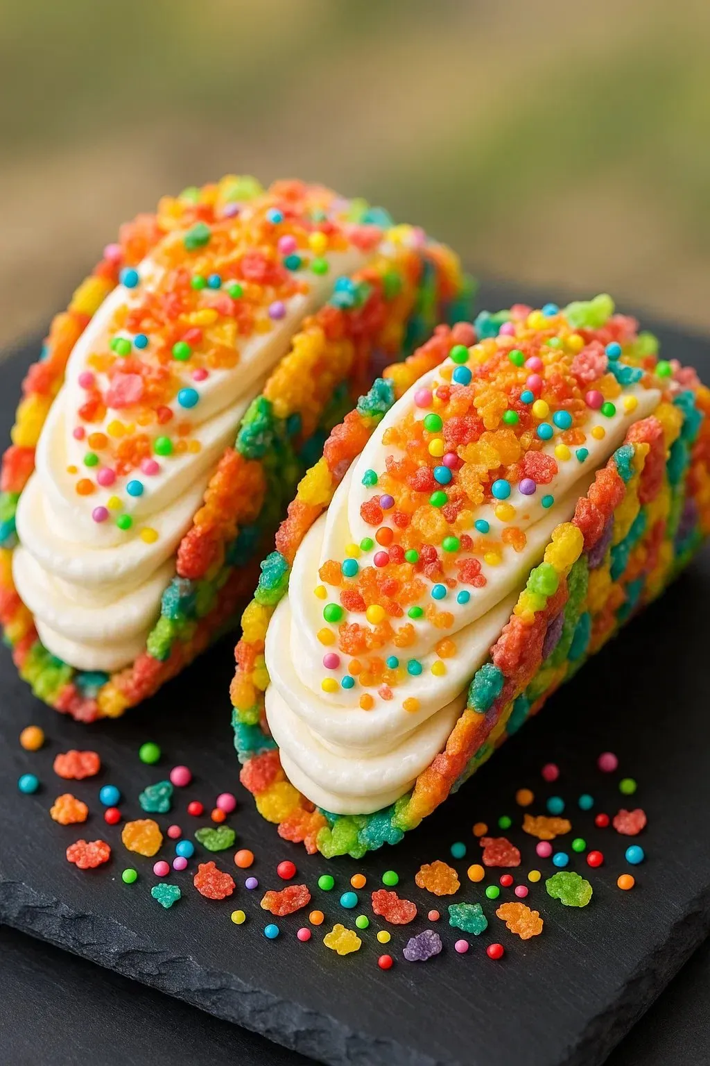 Two colorful rainbow cake pops with white frosting.