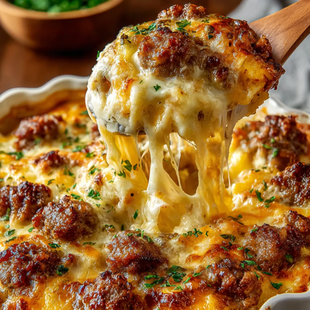 Someone using a fork to grab a cheesy bite from a hearty casserole.