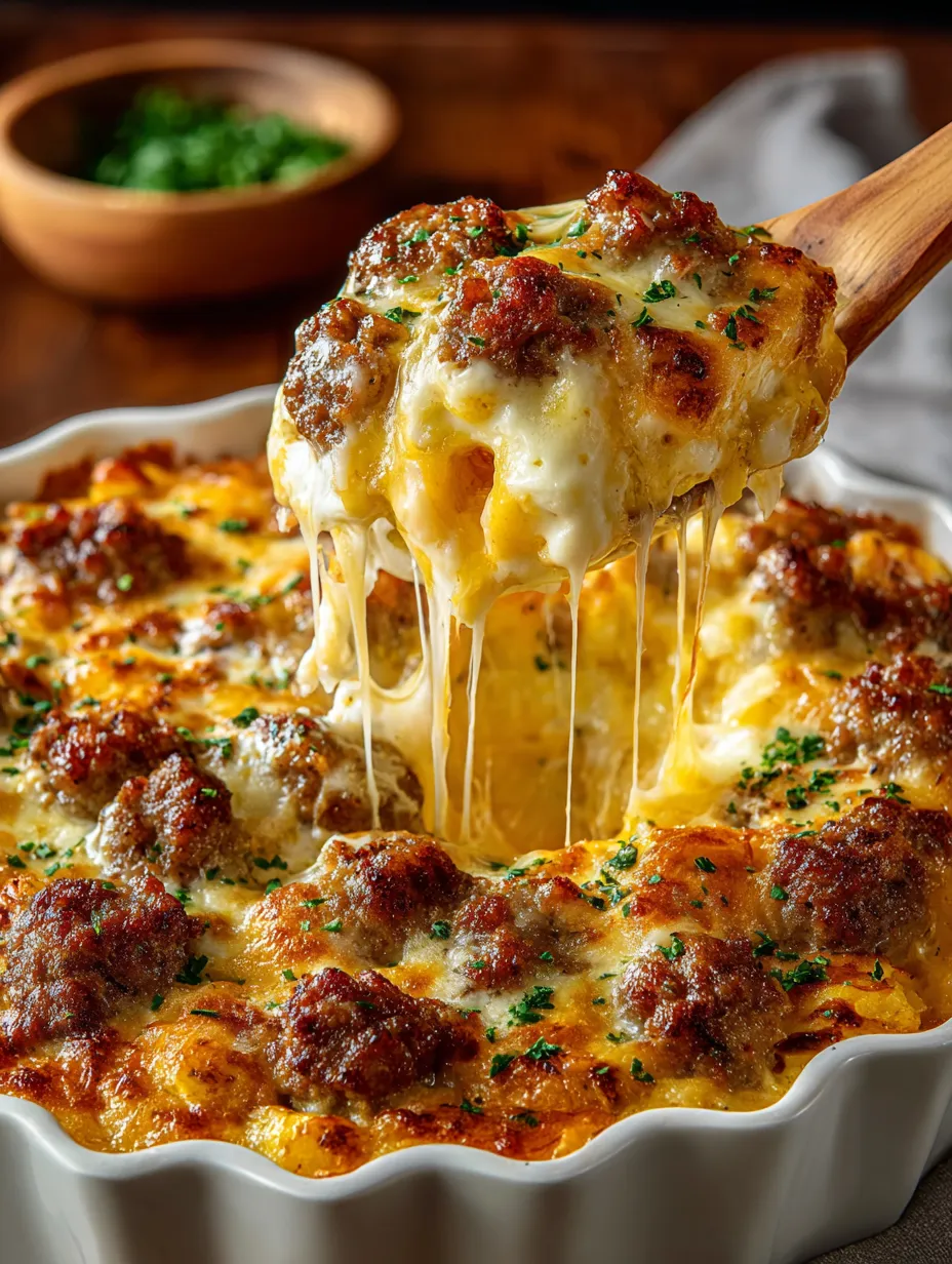 A golden brown, cheesy bake filled with sausage and cheese.