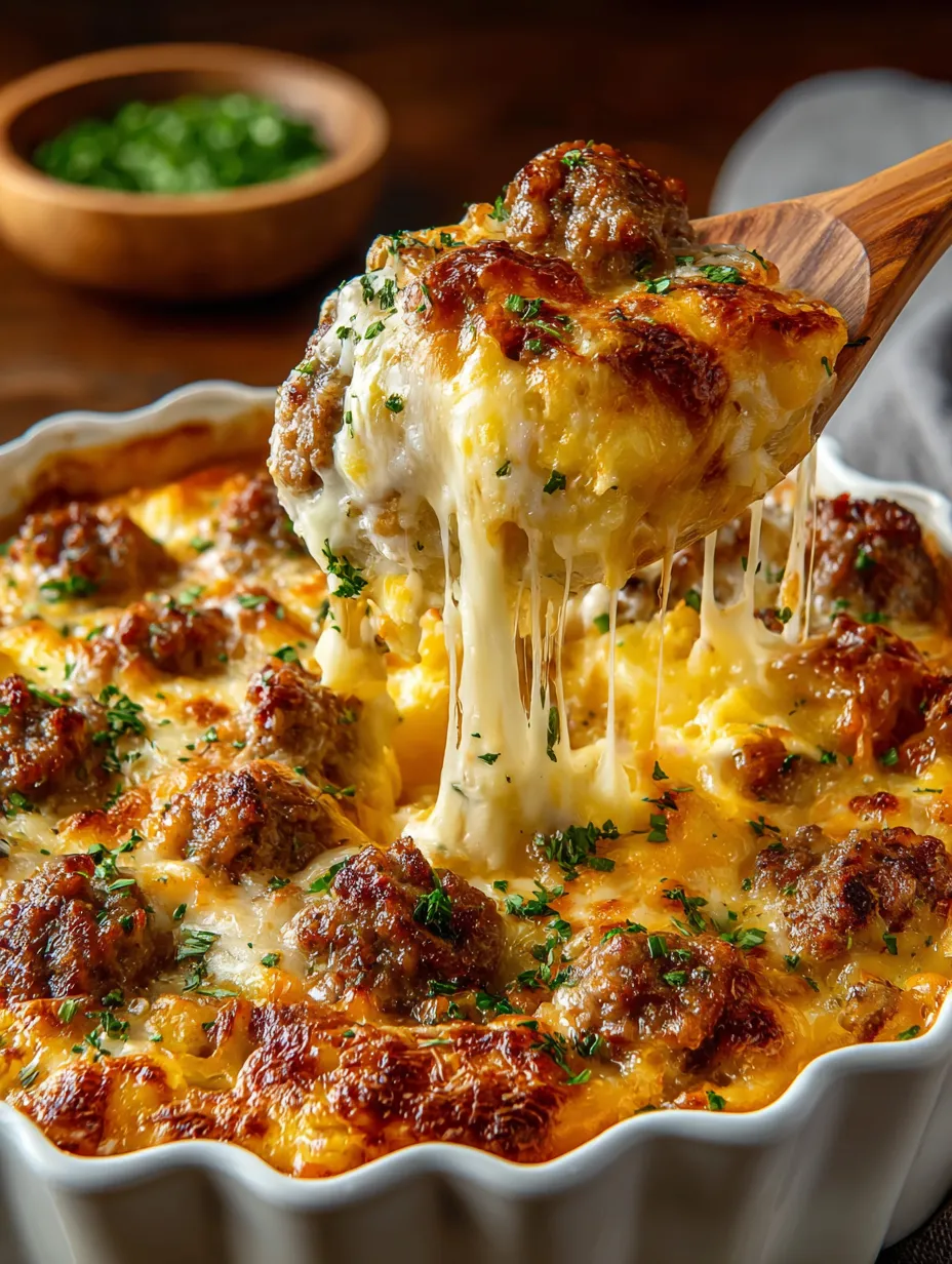 Someone scooping a cheesy casserole with a wooden spoon.
