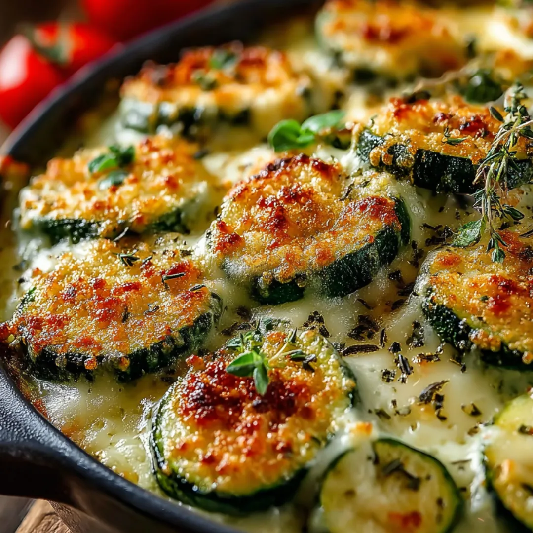 Baked zucchini and gooey cheese together in a bowl.