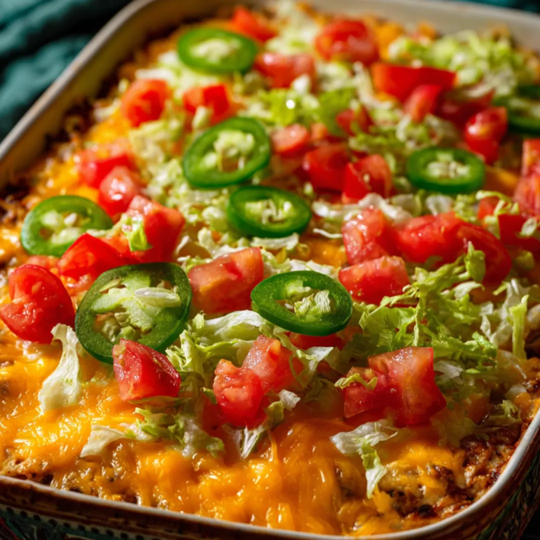 Fresh casserole topped with jalapenos and tomatoes.