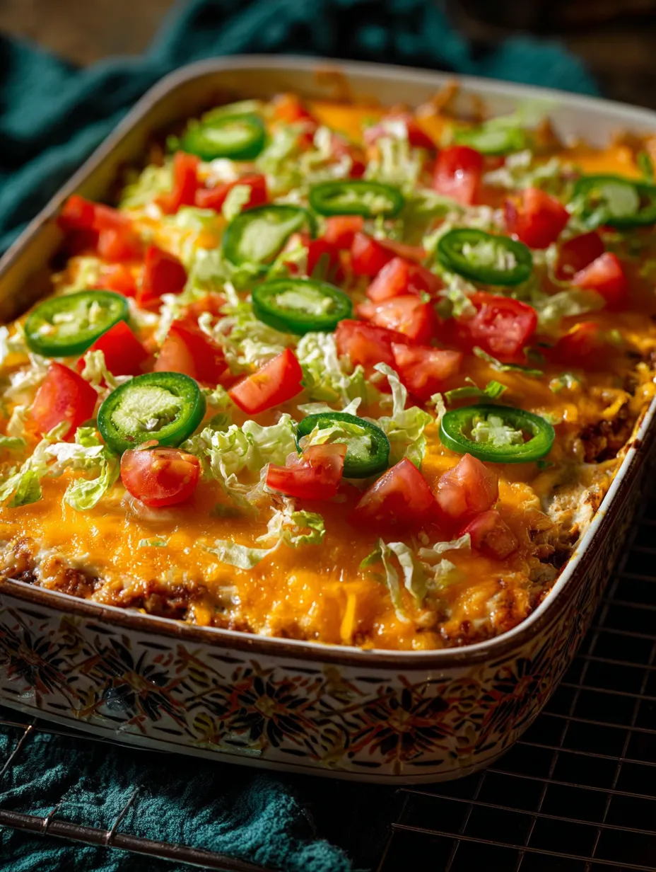 Food packed in a pan with jalapenos and tomatoes on top.