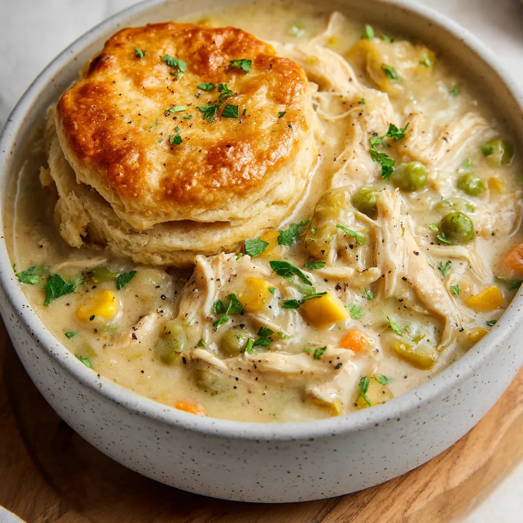 Hearty bowl filled with stew, topped with a fluffy biscuit.