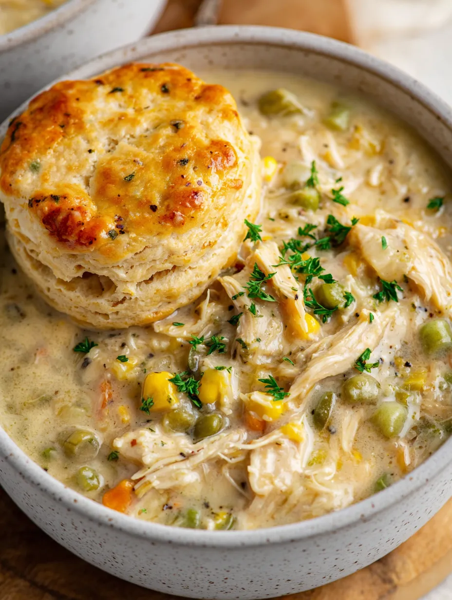 A bowl of soup with a biscuit on top.