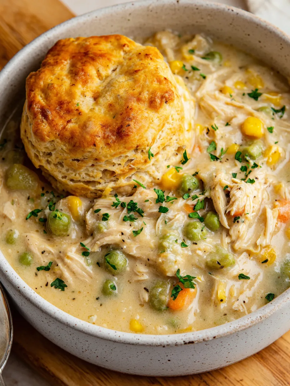 A delicious bowl of soup with a biscuit on top.