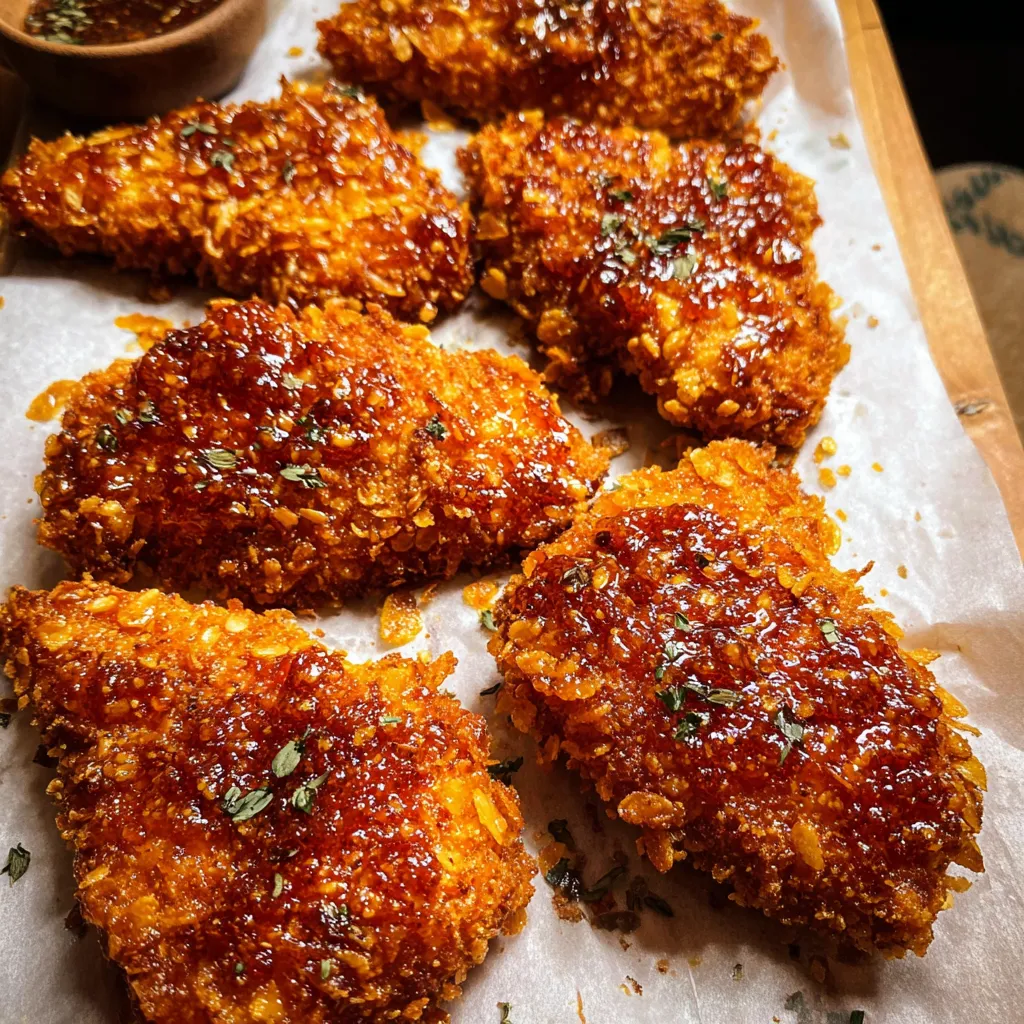Breaded chicken piled on a plate with drizzled sauce.