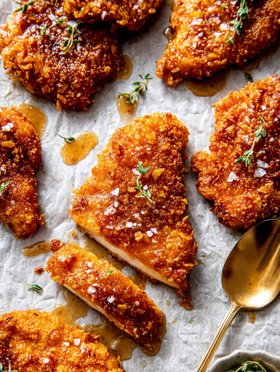 A plate of fried chicken with a spoon on it.