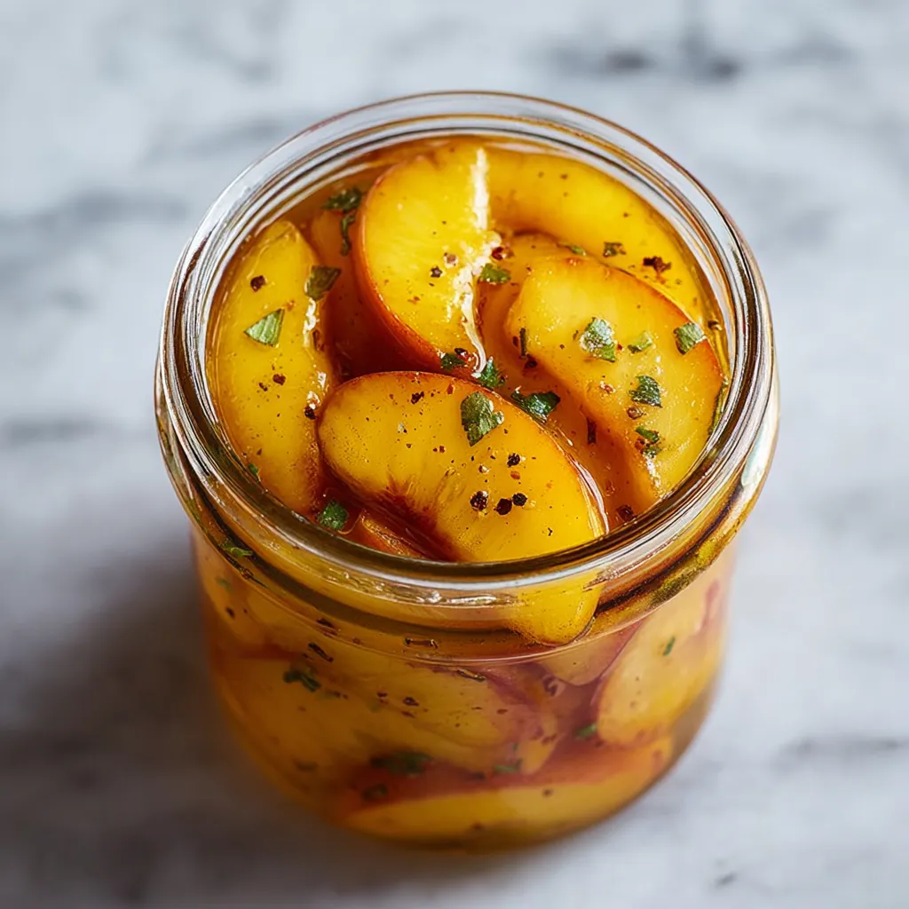 A glass jar stuffed with juicy peach slices and cozy spices.