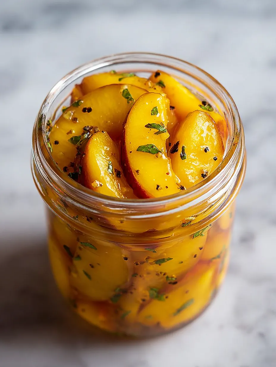 A jar full of peaches and herbs just chilling together.
