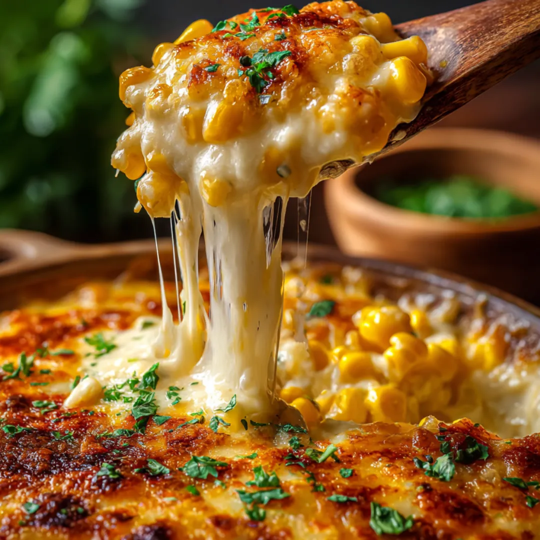 Cheesy corn and chicken bake close up.