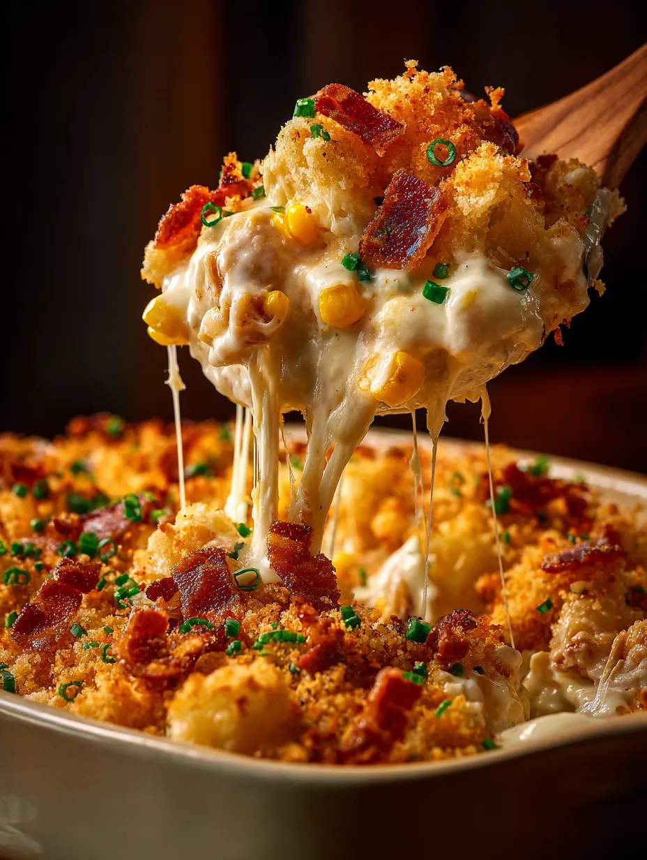 A close up of cheesy bacon-topped casserole.