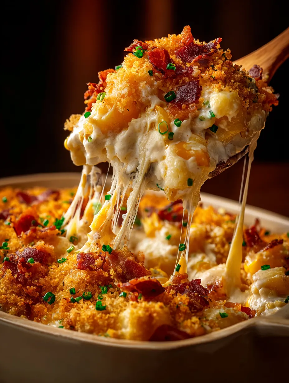 Zoomed in on a bubbling cheese-topped casserole.