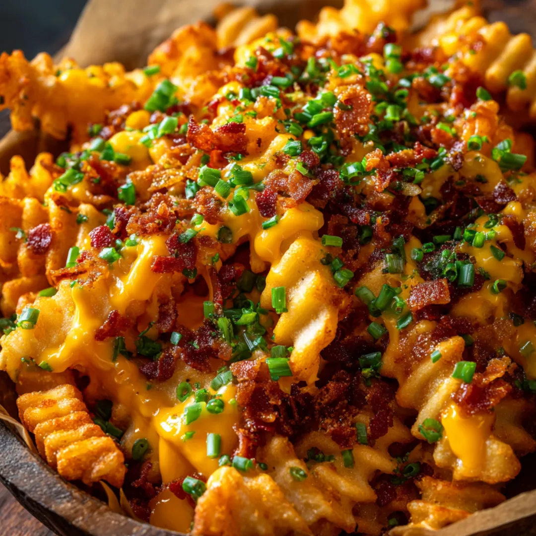 Up-close shot of cheesy bacon fries bursting with flavor.