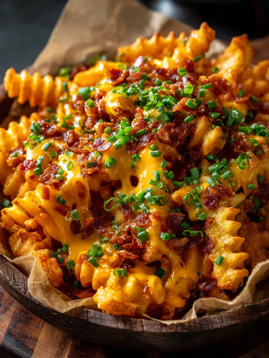 A bowl filled with crisp fries topped with cheese and bacon bits.