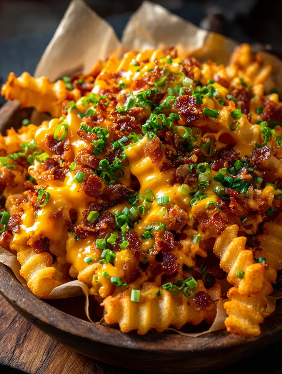 Fries loaded with cheese and bacon ready to eat.