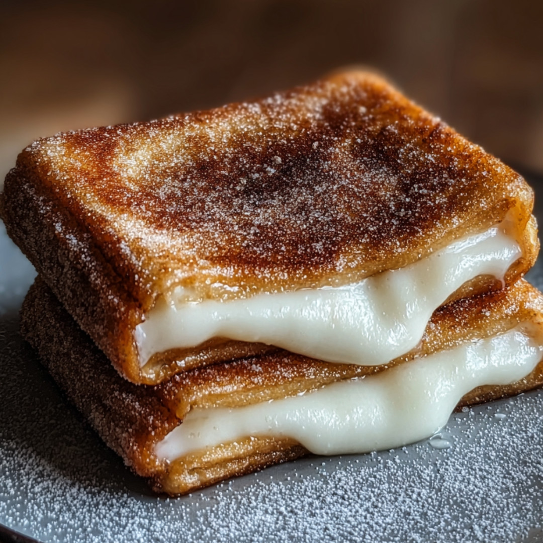 A pile of three cheesy grilled sandwiches stacked up.