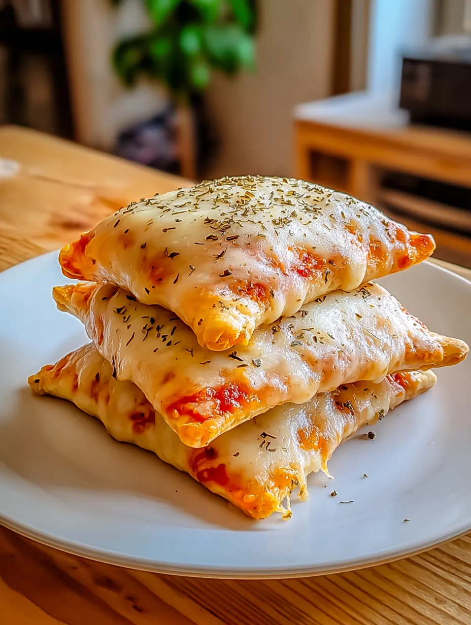 Stacks of melty herb-loaded pizza bites on a white plate.
