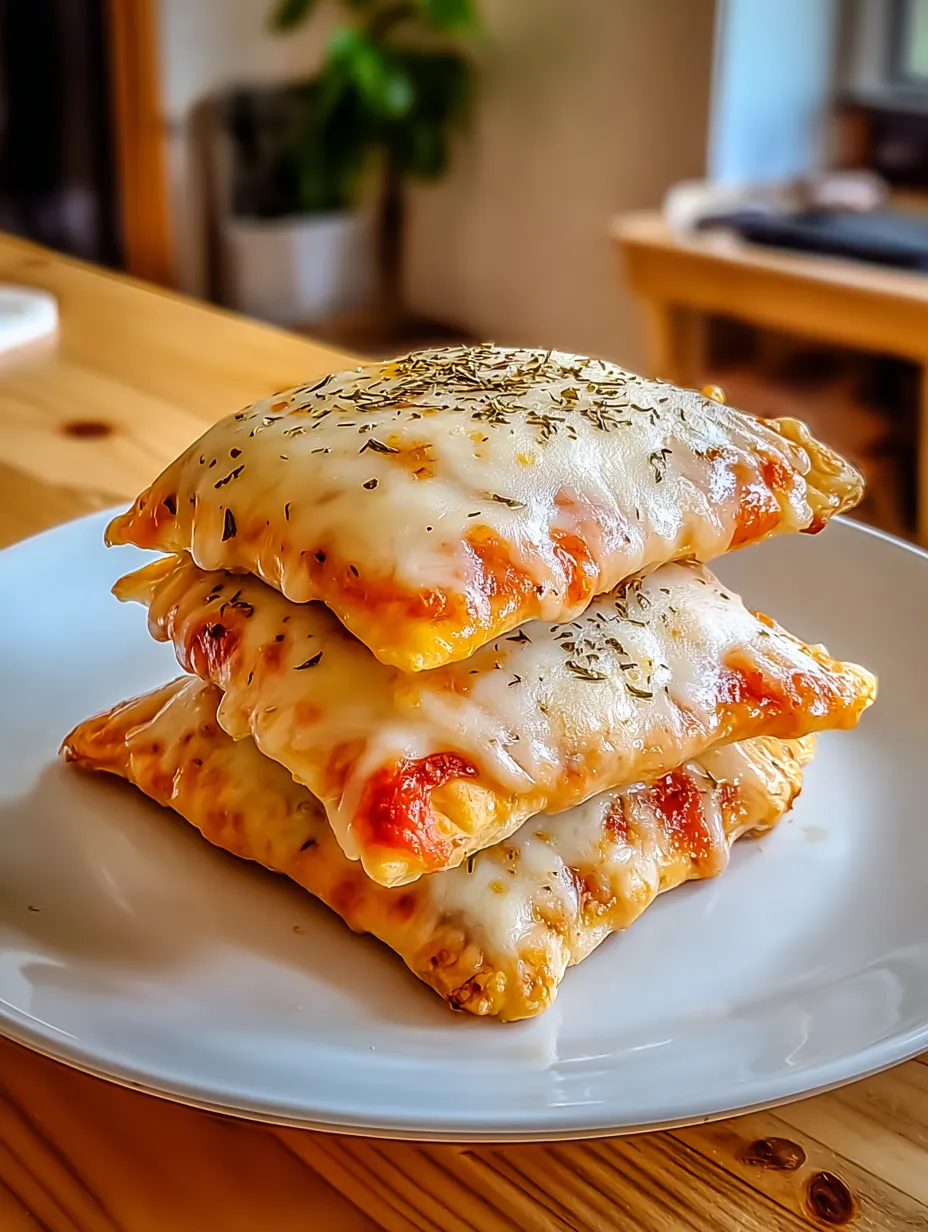 Stacks of crunchy cheesy pizza bites topped with herbs.