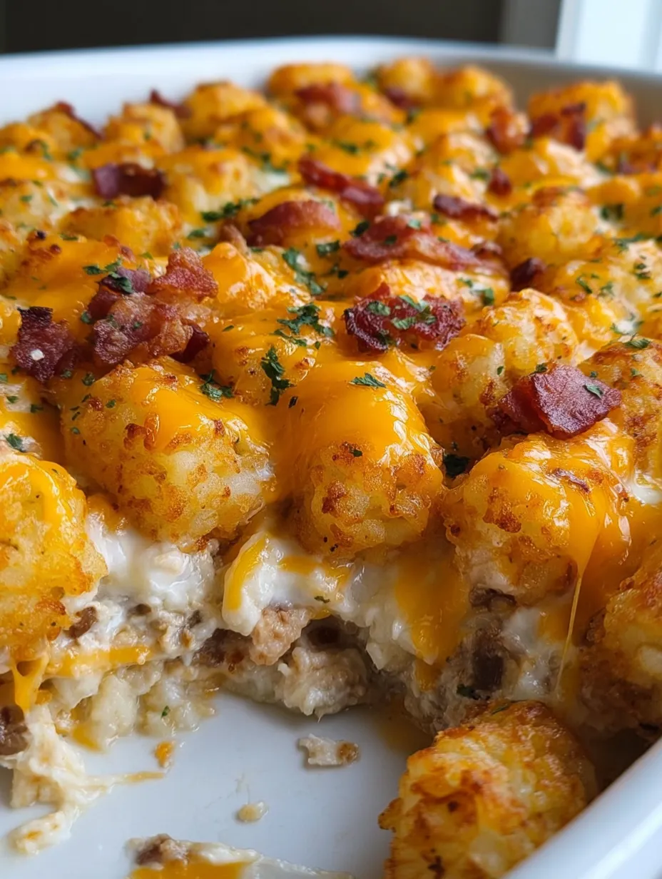 A plate of food piled with bacon and cheese.