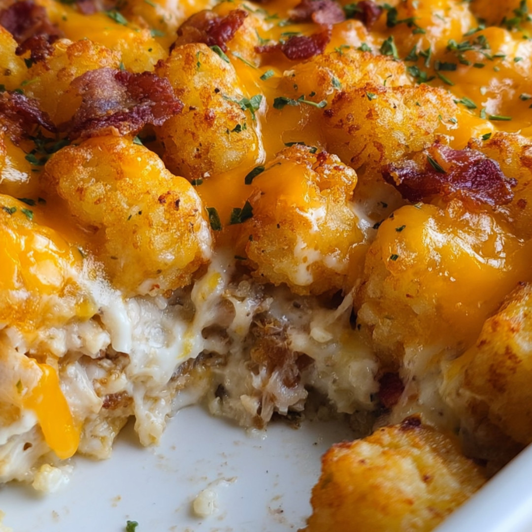 Super cheesy bacon and chicken bake gleaming fresh out of the oven.
