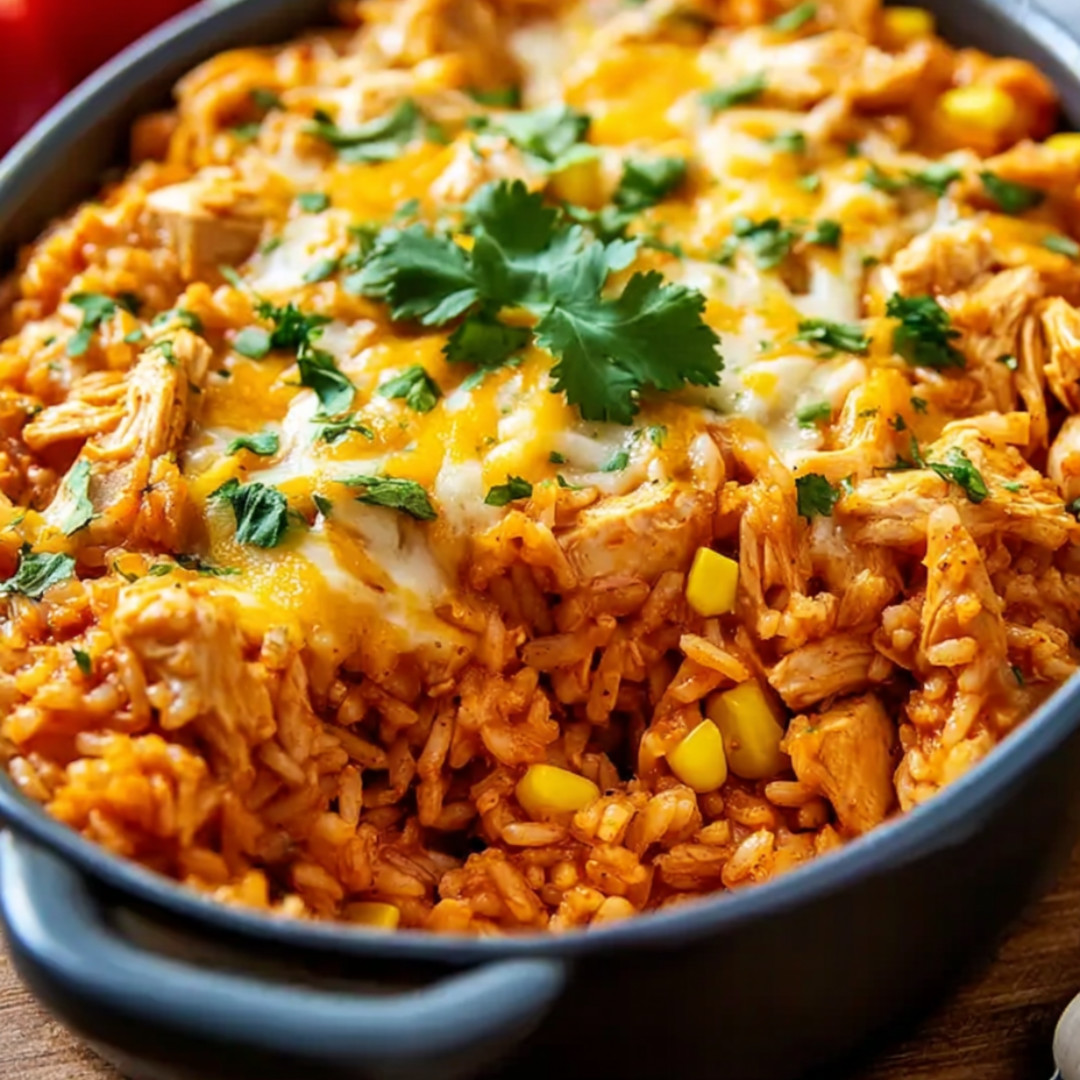 Bowl packed with chicken, rice, veggies, and cheese.