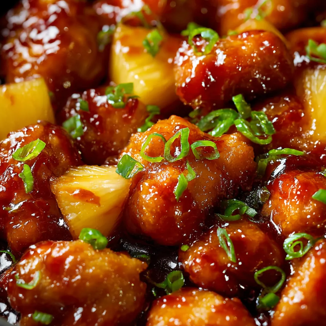A close-up shot of chicken topped with pineapple and a sprinkle of bright herbs.
