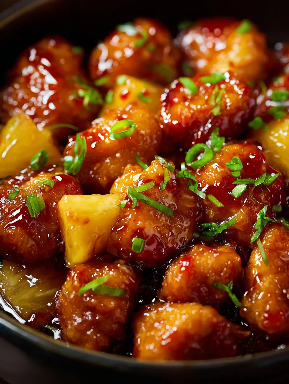 A bowl packed with chicken, bright pineapple, and fresh scallions.