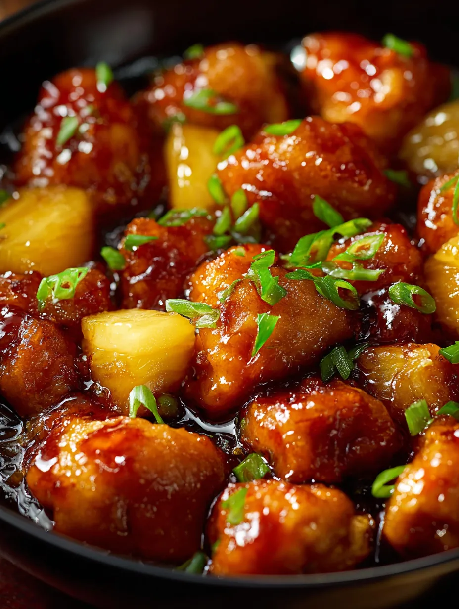 Plateful of chicken and juicy pineapple pieces.