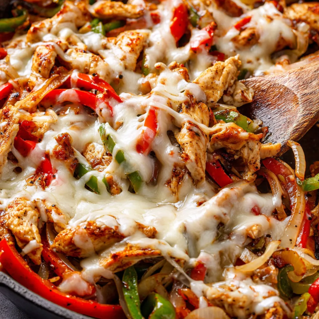Skillet full of cheesy chicken and bell peppers.