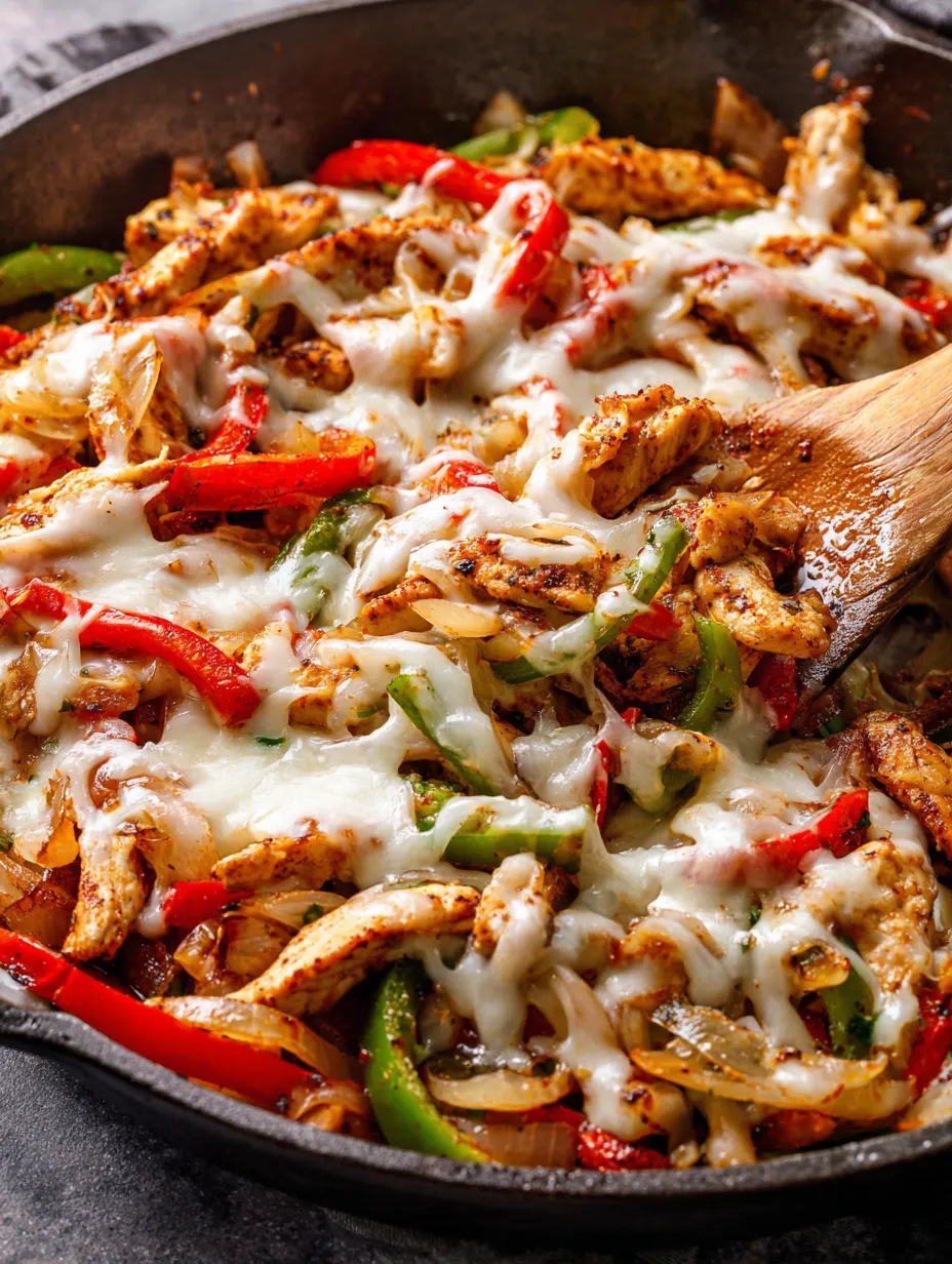 A pan of chicken with peppers and cheese.